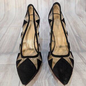 Charlotte Olympia Black Suede & PVC Dolly Heels Size 36